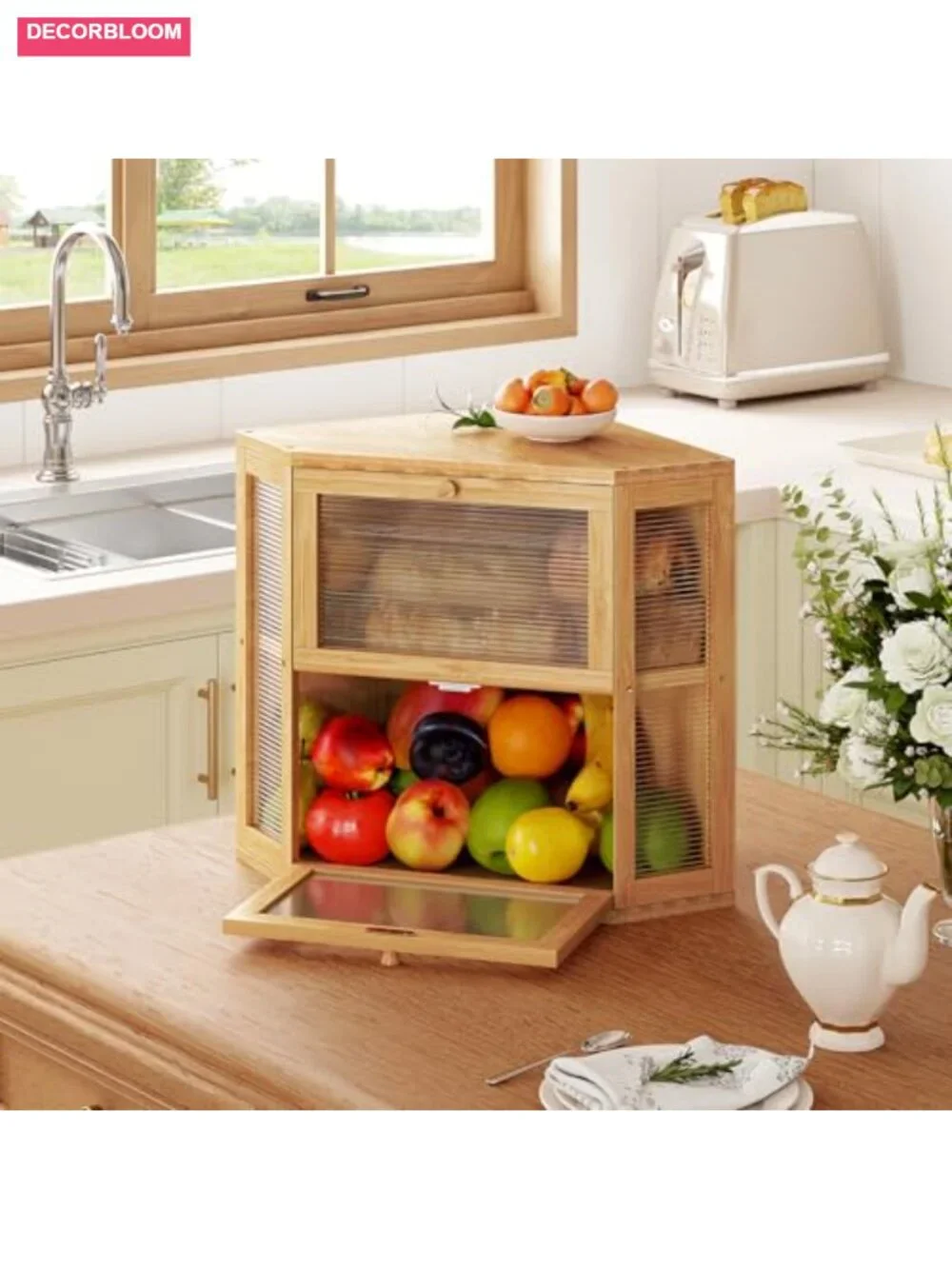 Double Layer Corner Bread Box with 2 Doors, Bamboo Kitchen Storage